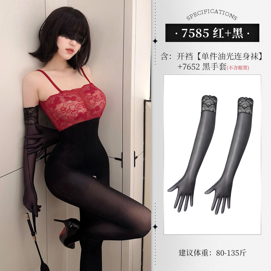 Feimu Lace Jumpsuit Tube Top See-through Open Crotch Glossy Bodystocking Temptation Sexy Women Rompers Clothing Body Suits YOZ8