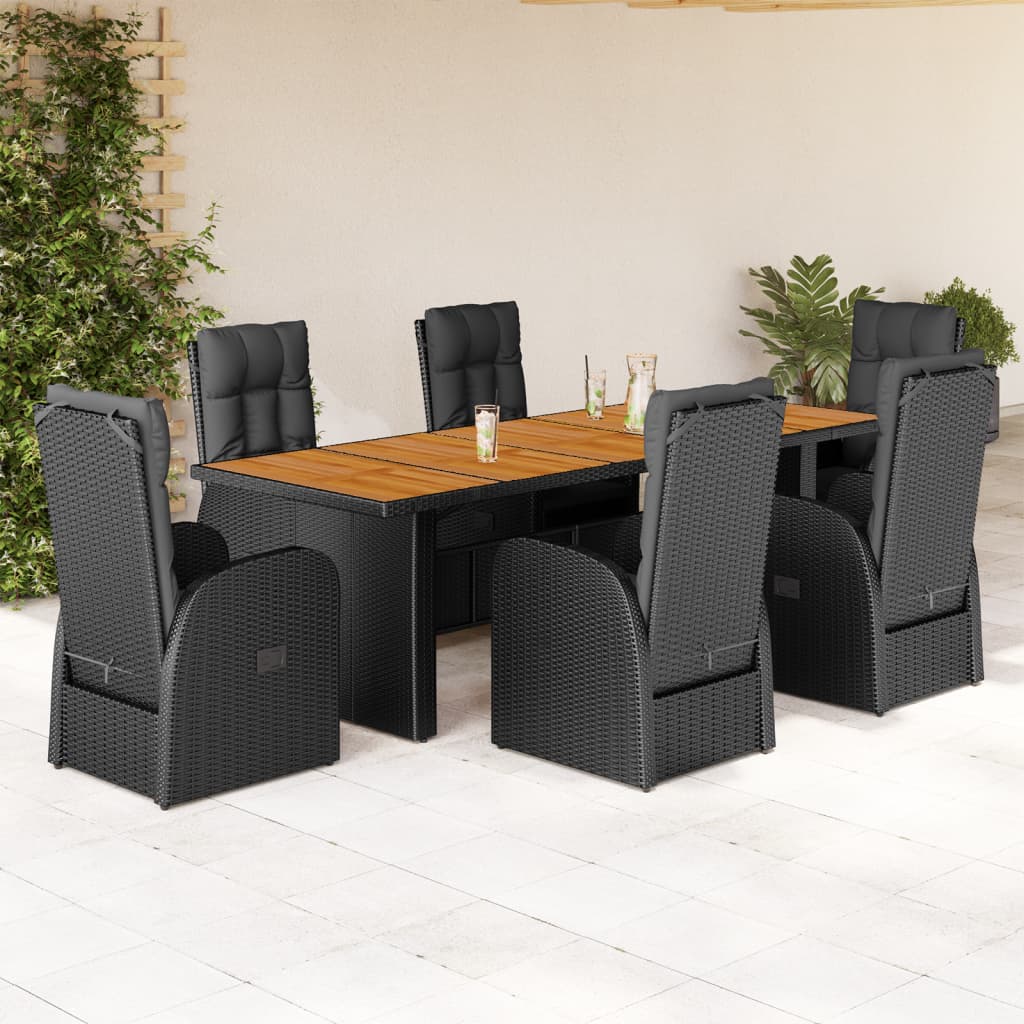 Vidaxl 7-Cz. Garden Furniture Set With Cushions, Black, Poly Rattan