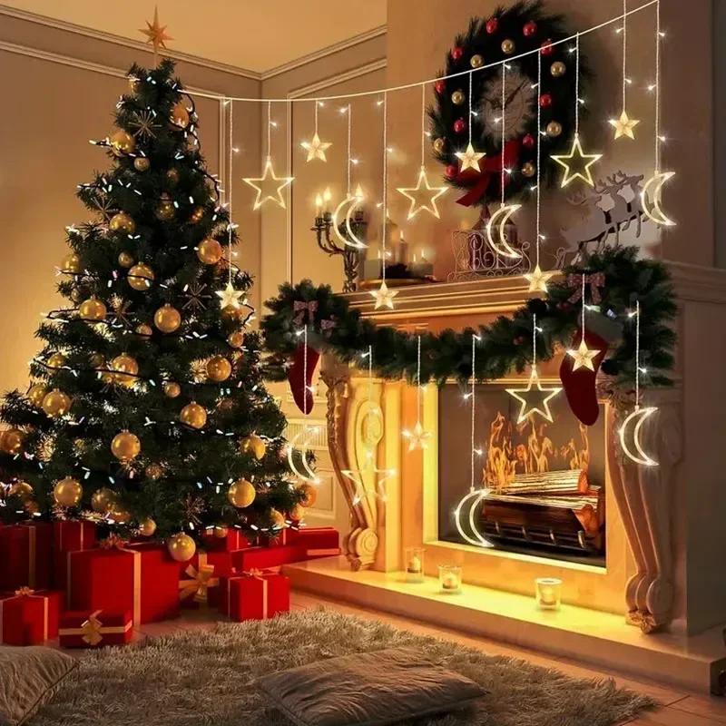 LED Solar/Battery Star Moon Fairy String Lights Waterproof Curtain Lamp with 8 Modes Timer Remote for Outdoor Home Party Decor