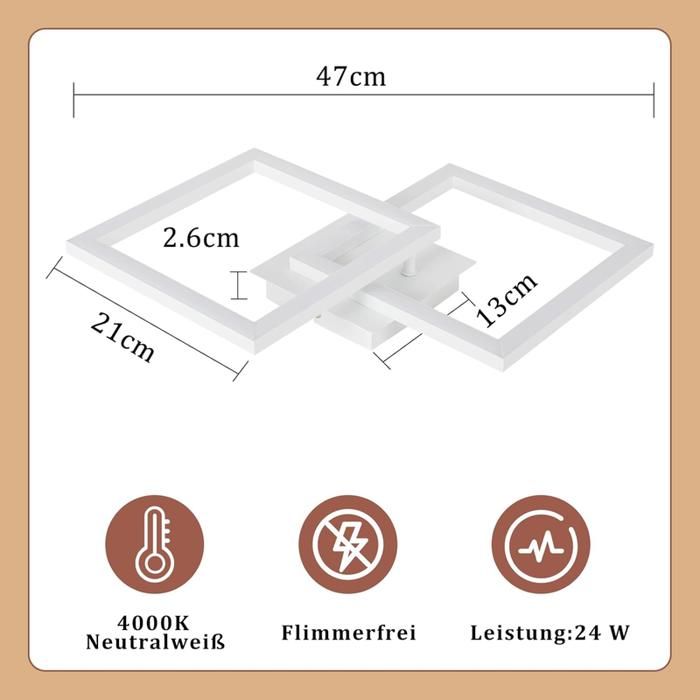 NETTLIFE Modern LED Ceiling Light 24 W, 4000 K, 2 White Square Ceiling Lights, 2711 LM, Suitable for Bedrooms, Living Rooms, and Hallways