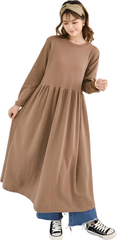 United Doors Loose-fitting Dress, Comfortable, Long Sleeves, Collarless, Round Neck, Elegant, Long Length, Mocha, 5A-D05-MOXL