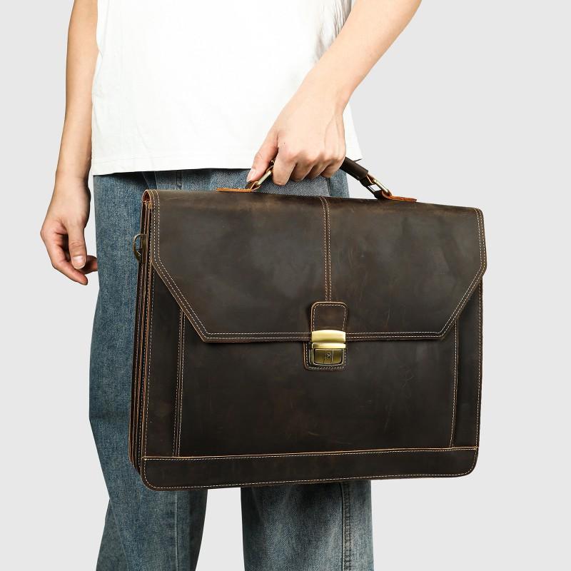 Genuine Leather Retro Men's Business Briefcase Crazy Horse Large Capacity Lock Anti-theft Computer Bag Handbag Men