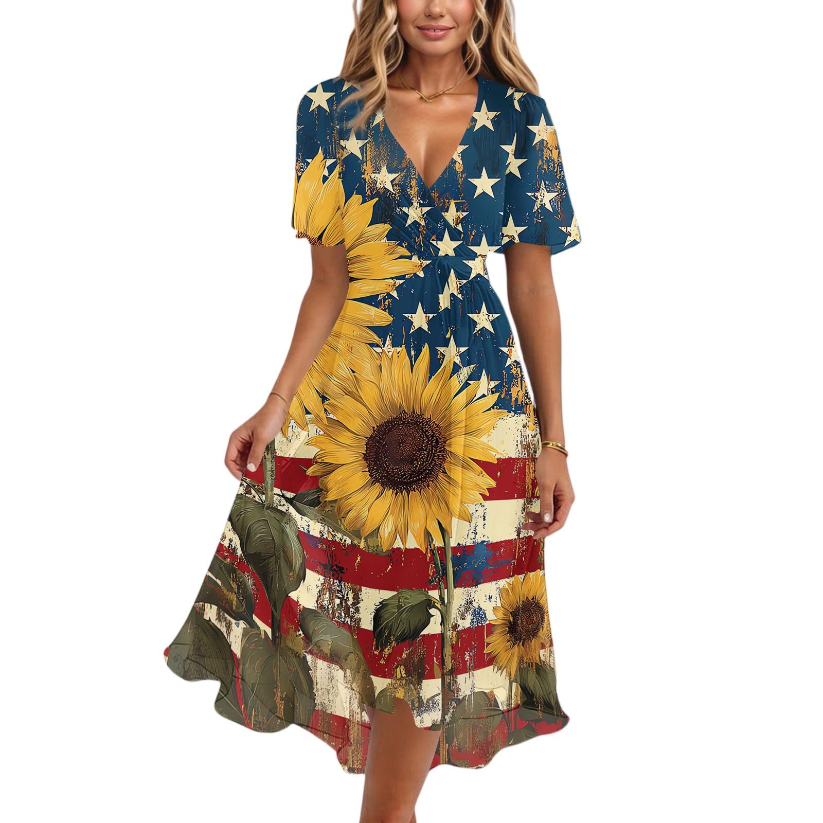 

Women’s Short Sleeve V Neck Midi Dress with Star and Abstract Stripe Print Casual Loose Fit Lightweight Summer Dress XL жовтий