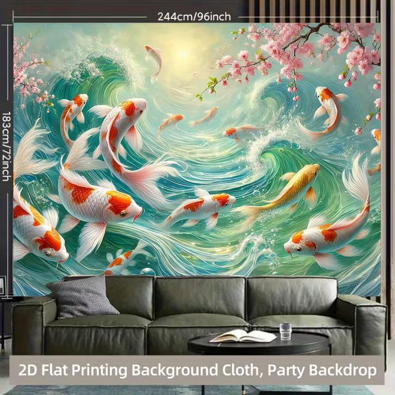 2D Printed Lucky Koi Backdrop Sakura Flowers Turquoise Water Party Photo Booth Background