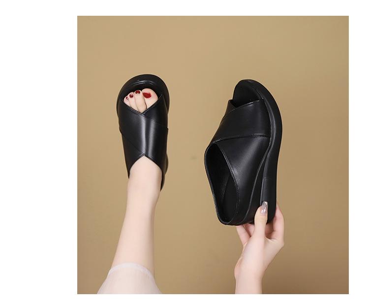 Thick-soled slope heel cool slippers women's fashion summer new soft leather high heels fish mouth cool slippers