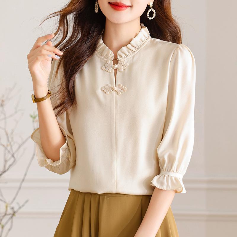 Chiffon Women's Mid Sleeve Top, Chinese Summer Five Quarter Sleeve Retro Chinese Style Shirt