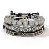 Men's Copper Zirconia Crown Ball Rhombus Double Row Crescent Bracelet Set