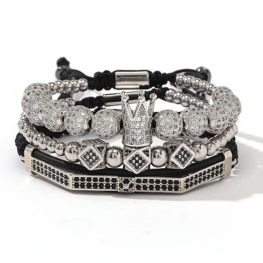 Men's Copper Zirconia Crown Ball Rhombus Double Row Crescent Bracelet Set