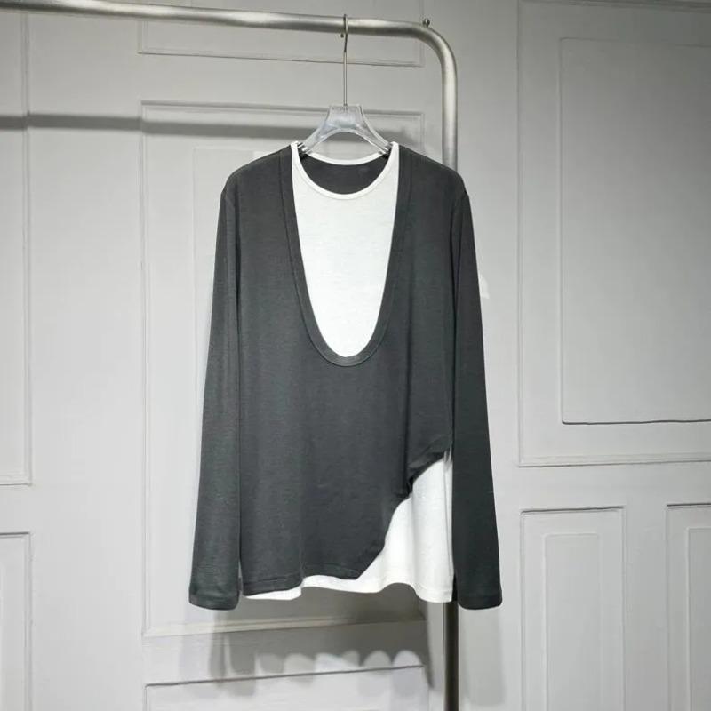 

Модный контрастный цвет, ложная двухслойная вставка, свободный крой, прилегающий силуэт, средней длины, повседневный базовый топ с длинным рукавом для женщин M серый