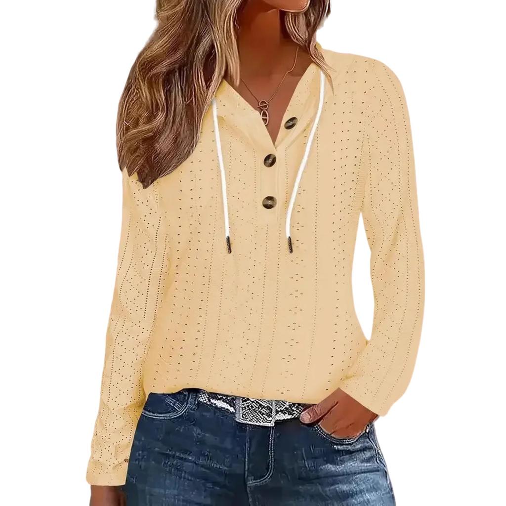 Fashion Women's Hoodie Knit Drawstring Button V-neck Long Sleeve Pullover Casual T-shirt