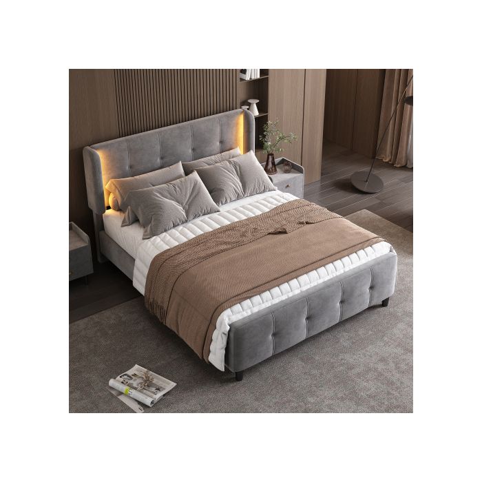 Letto imbottito - MUVOE - 140x200 cm - LED 16 colori - Testiera regolabile - Grigio