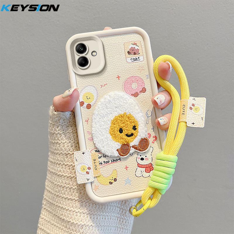 KEYSION Cartoon Cute Plush Embroidery Case for Samsung A06 4G A05 A04 with Lanyard Shockproof Phone Cover for Galaxy A06 A05 A04 4G
