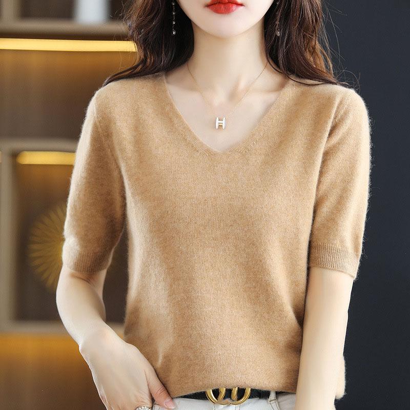 Spring Summer Women Sweater Tshirts V-neck Short Sleeve Top Fashion Pullovers Solid Bottoming Shirt Jumper