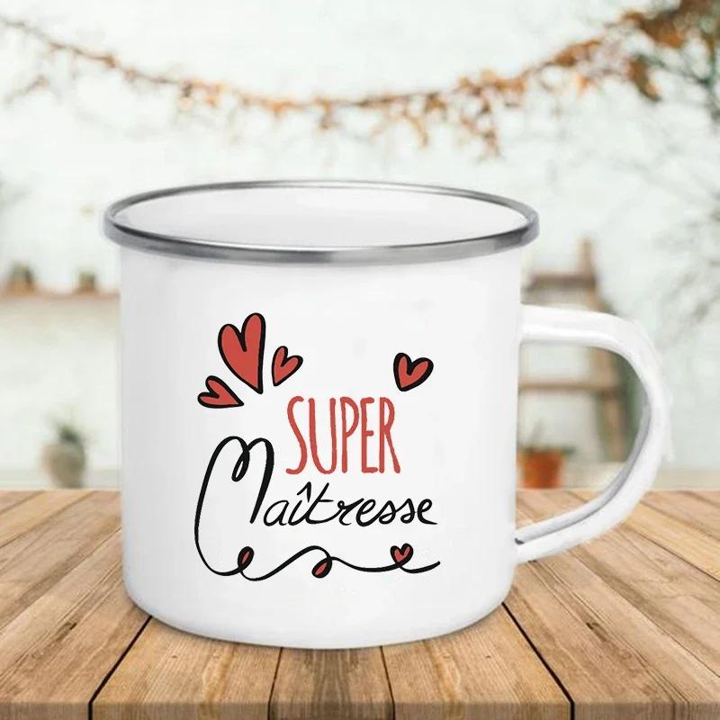 French Super Teacher Print Mugs Creative Coffee Cups Drinks Water Milk Cup Enamel Mug School Home Handle Drinkware Teacher Gifts