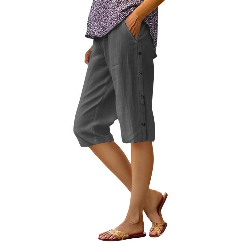 Women's Olive Green Linen Blend Capri Pants with Side Button Detail Casual Loose Summer Trousers