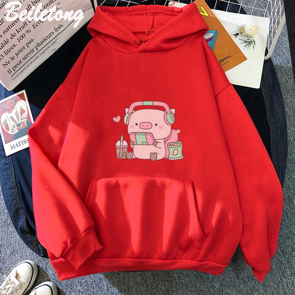 Cute Little Piggy Gamer with Headphones Hoodies Women Kawaii Streetwear Sweatshirts Graphic Pullovers Clothing