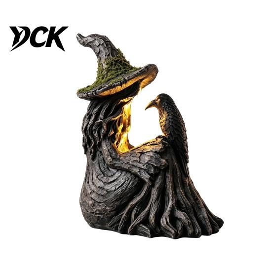 Handmade Dark Fantasy Figurine Luminous Witch & Raven with Mossy Tree Texture, Resin Gothic Halloween Garden Decor Statue LED Light for Home