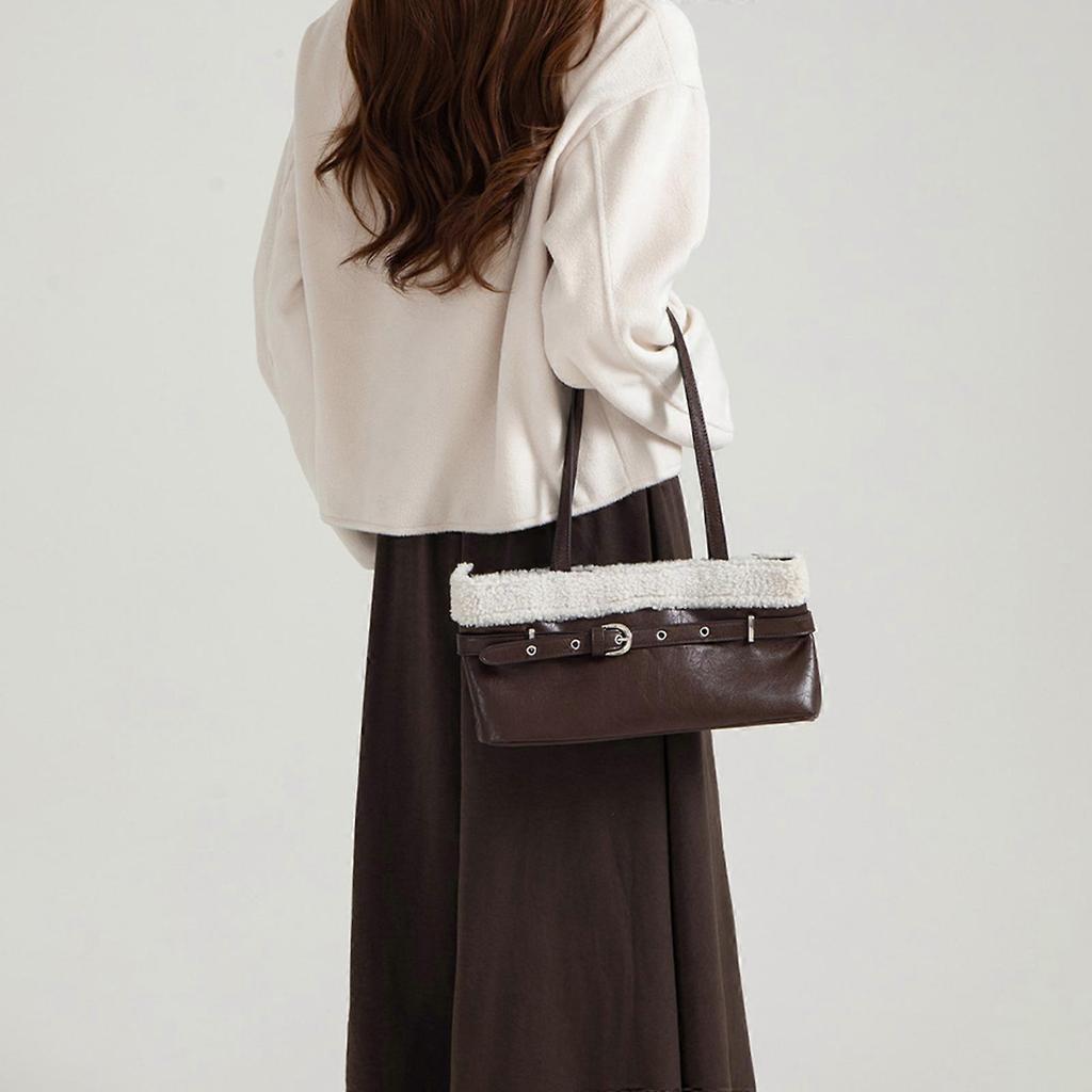 Contemporary Shoulder Bag Armpit Purse with Plush Trim Decors Elegant Underarm Bag for Commuting and Casual Travel brown