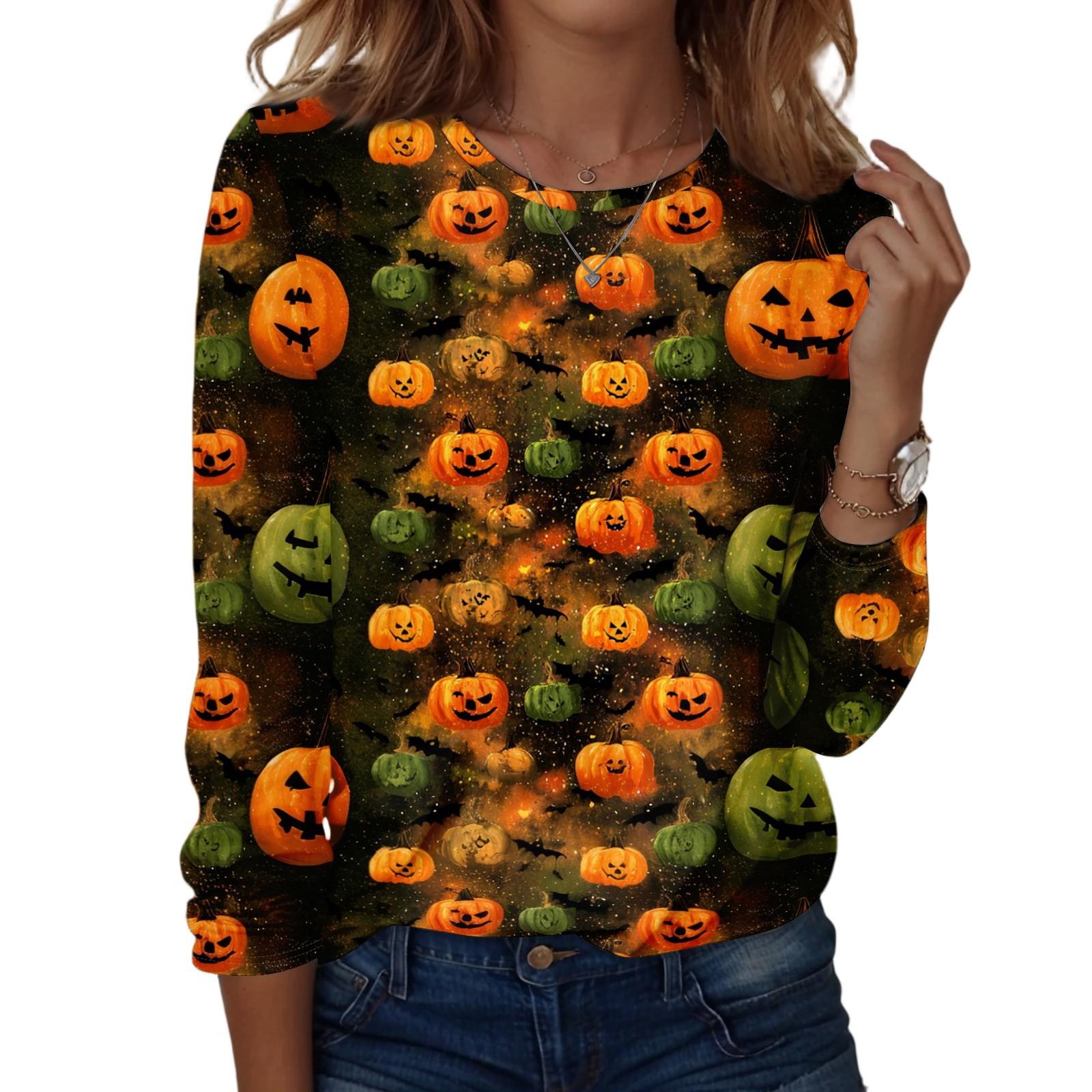 Women s Halloween Long Sleeve Printed Crewneck T-Shirt, Casual Fall Top S