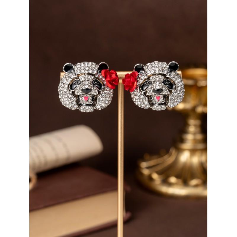 Vintage Pure Copper Studded Panda Head Earrings With A Light Luxury Temperament High-end Feel. Antique