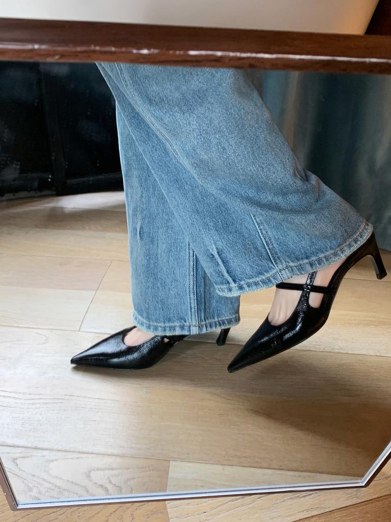 Cowhide Version~ Genuine Leather Pointed Single Shoes Women's New High Heels Ol Empty Flats After Commuting Bag Head Sandals