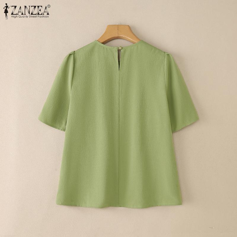 ZANZEA חולצת נשים קז'ואלית עם צווארון עגול ושרוולים קצרים, תחרה מחוברת