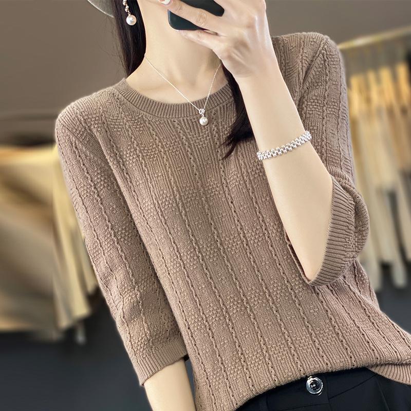 Rundhals Baumwollpullover mit Lochmuster, Viertelärmel Sommer Neu Locker Vielseitiger Pullover Einfaches Modetop