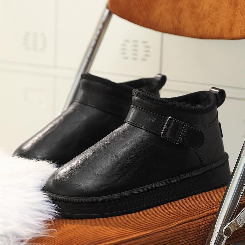 Mens soft elastic leather waterproof winter warm cold padded snow boots thick bottom non-slip wear outdoor leisure sports running cotton boots