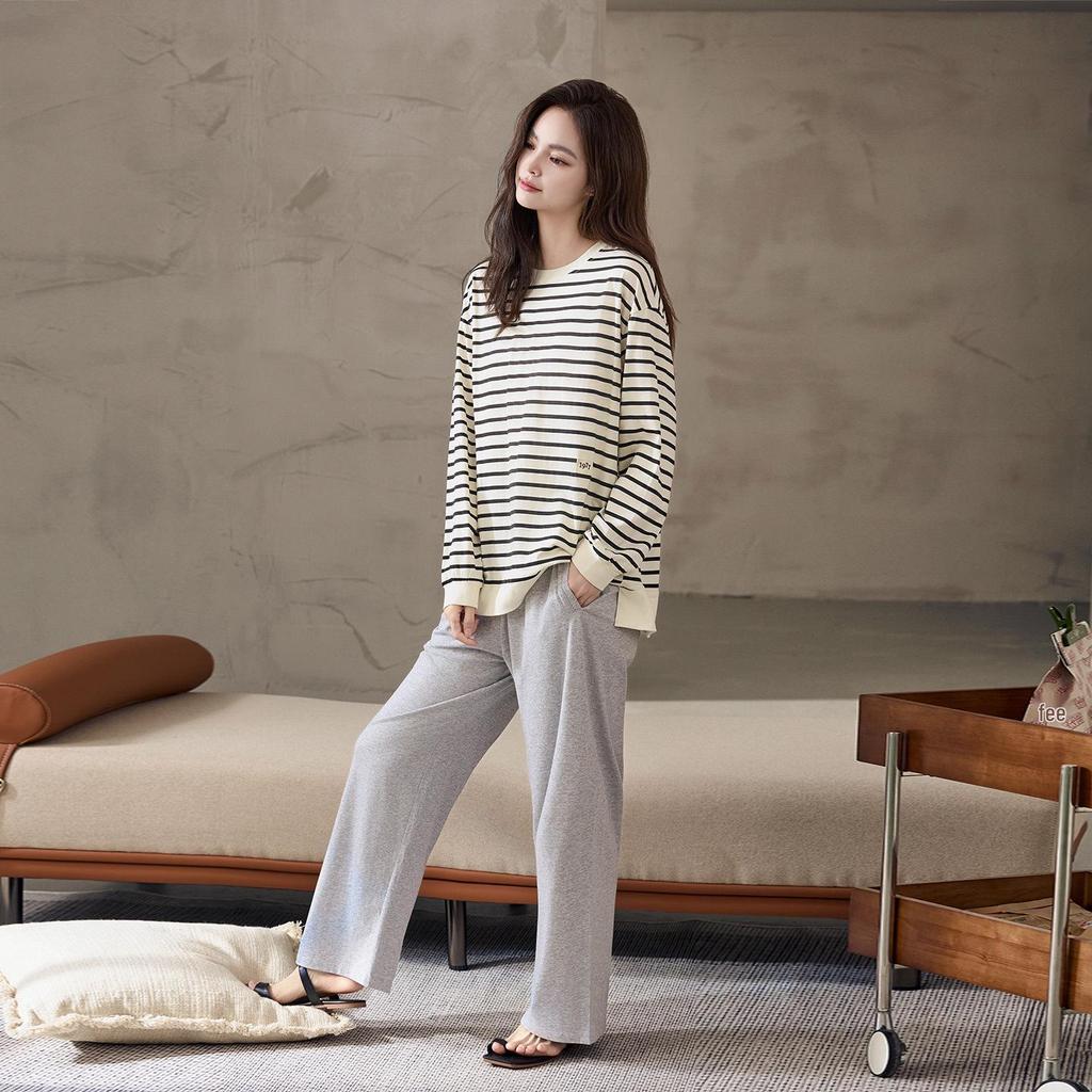 Women's Pure Cotton Pajamas with Chest Pad - Long Sleeve, Plus Size, for Autumn/Winter. Wearable Outdoors, Loose Fit Homewear.