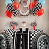 Racing Car Tablecloths for Round Table, Plastic Black Racetrack Tablecover for Kid's Birthday Racing Car Theme Party Fast One Two Fast Party, 84 x