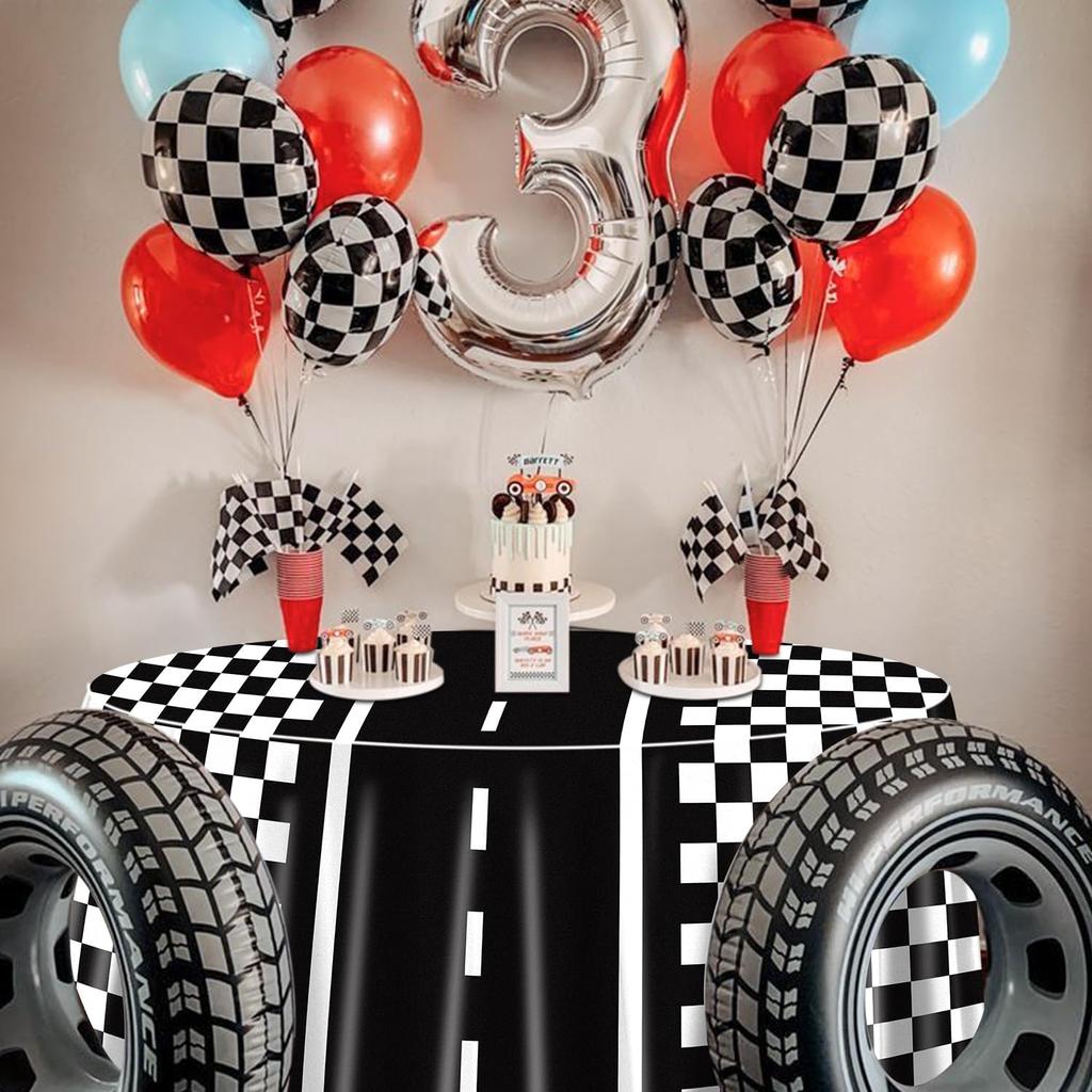 Racing Car Tablecloths for Round Table, Plastic Black Racetrack Tablecover for Kid's Birthday Racing Car Theme Party Fast One Two Fast Party, 84 x