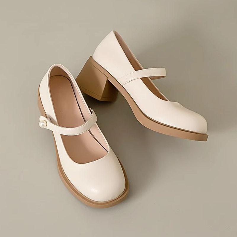 

Туфли Мэри Джейн Женские туфли на высоком каблуке с круглым носком и блочным каблуком Туфли в стиле Лолиты из кожи Туфли-лодочки с пряжкой на липучке и ремешком Туфли на среднем каблуке Тонкие туфли EUR 35 бежевый