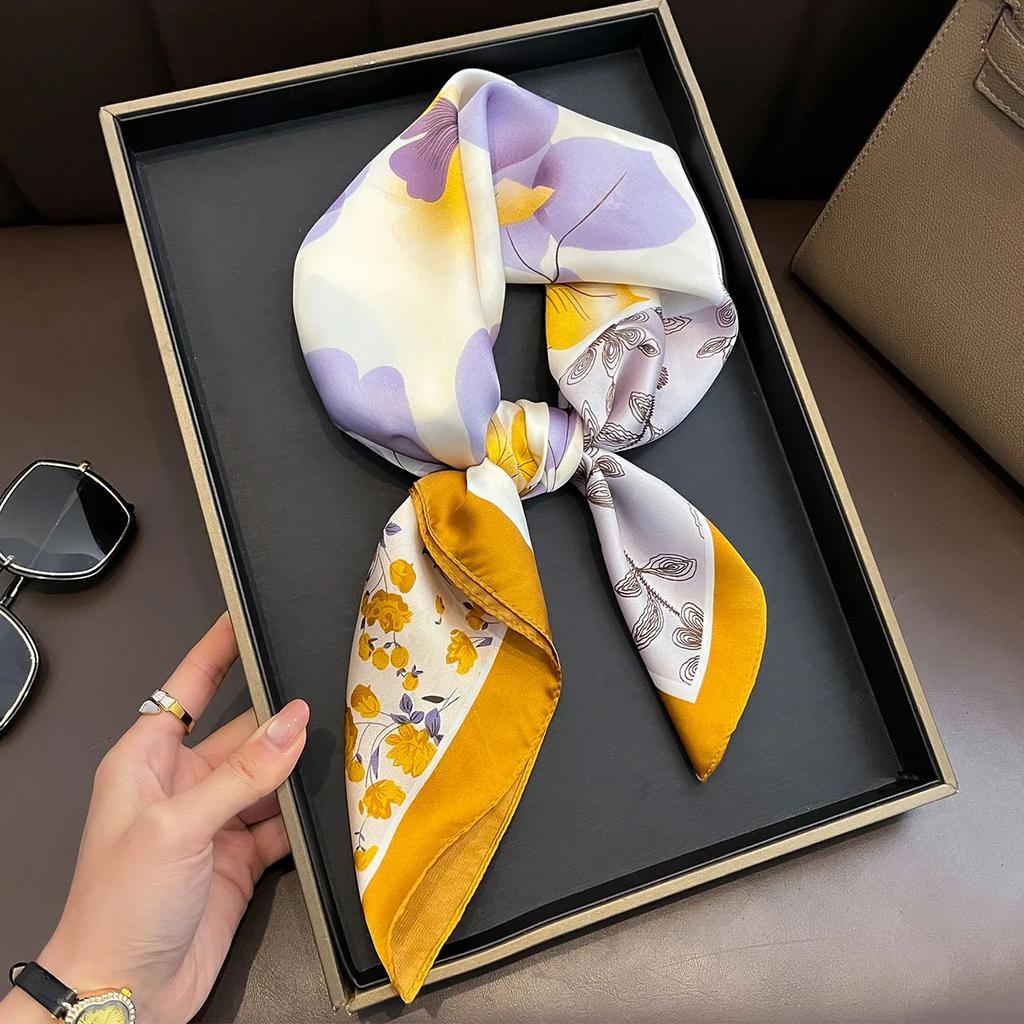 Elegant Silk Imitation Scarf Women 70cm Square Neck Kerchief Ribbon Ties Lady Hair Bands Foulard Bandana Shawls Wraps
