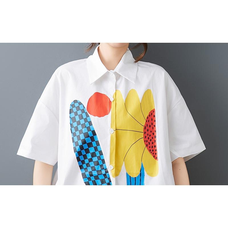 DIMANAF 2026 Plus Size New Summer Blouse Shirt Print Short Sleeve Casual Women Loose Tops Shirts Cotton