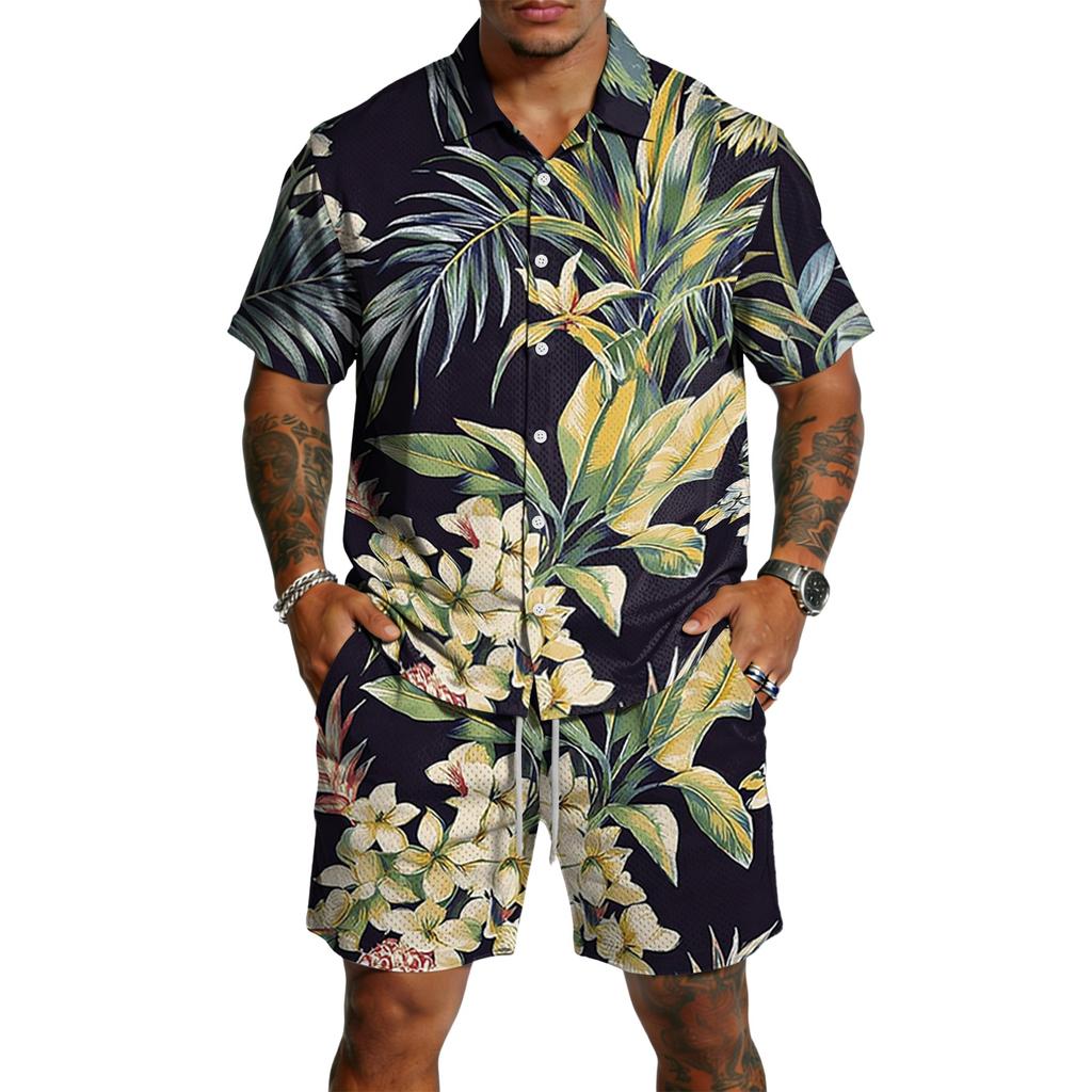 Men's Casual Printed Lightweight Breathable Shirt and Drawstring Shorts Set