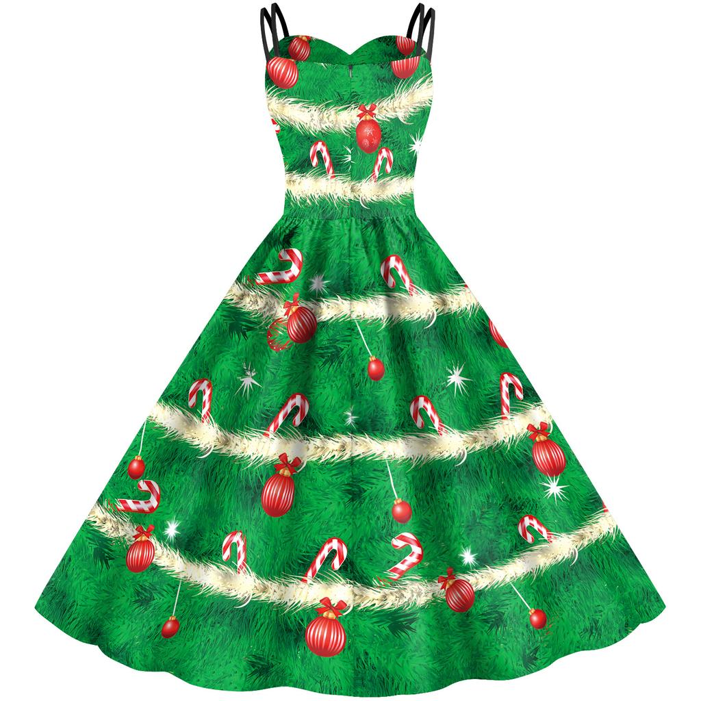 New candy Christmas dress, new European and American green digital print dress, slip dress for women