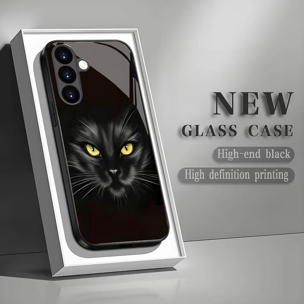 Schwarze Glas-Handyhülle mit Katzenmotiv, geeignet für Samsung Galaxy S26 S25 S24 S23 S22 S20 FE/Ultra/Plus, sturzsichere Rückabdeckung