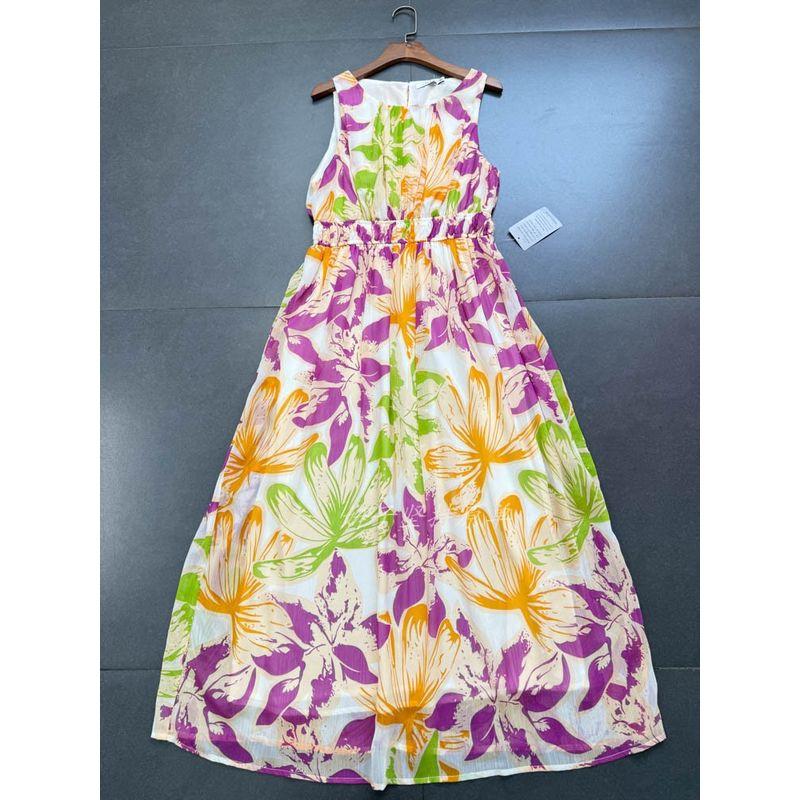 

Заказ внешней торговли Lu * H платье из шифона без рукавов с круглым вырезом, эластичной талией и А-образным подолом из шифона, пляжная юбка Yellow pink flower color Dress M