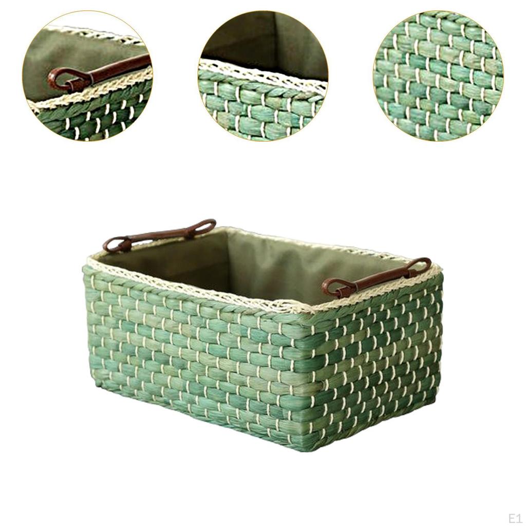 Corn Husk Weaving Basket Closet Organiser with PU Leather Handles Countertop Organizer for Kitchen