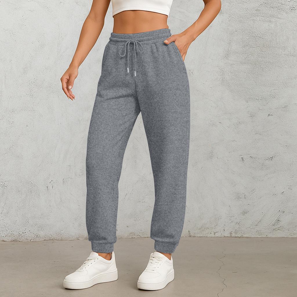 Damen Einfarbige Jogginghose Hohe Taille Kordelzug Taschen Elastische Taille Lässige Hose Basis Locker Bequeme Hose