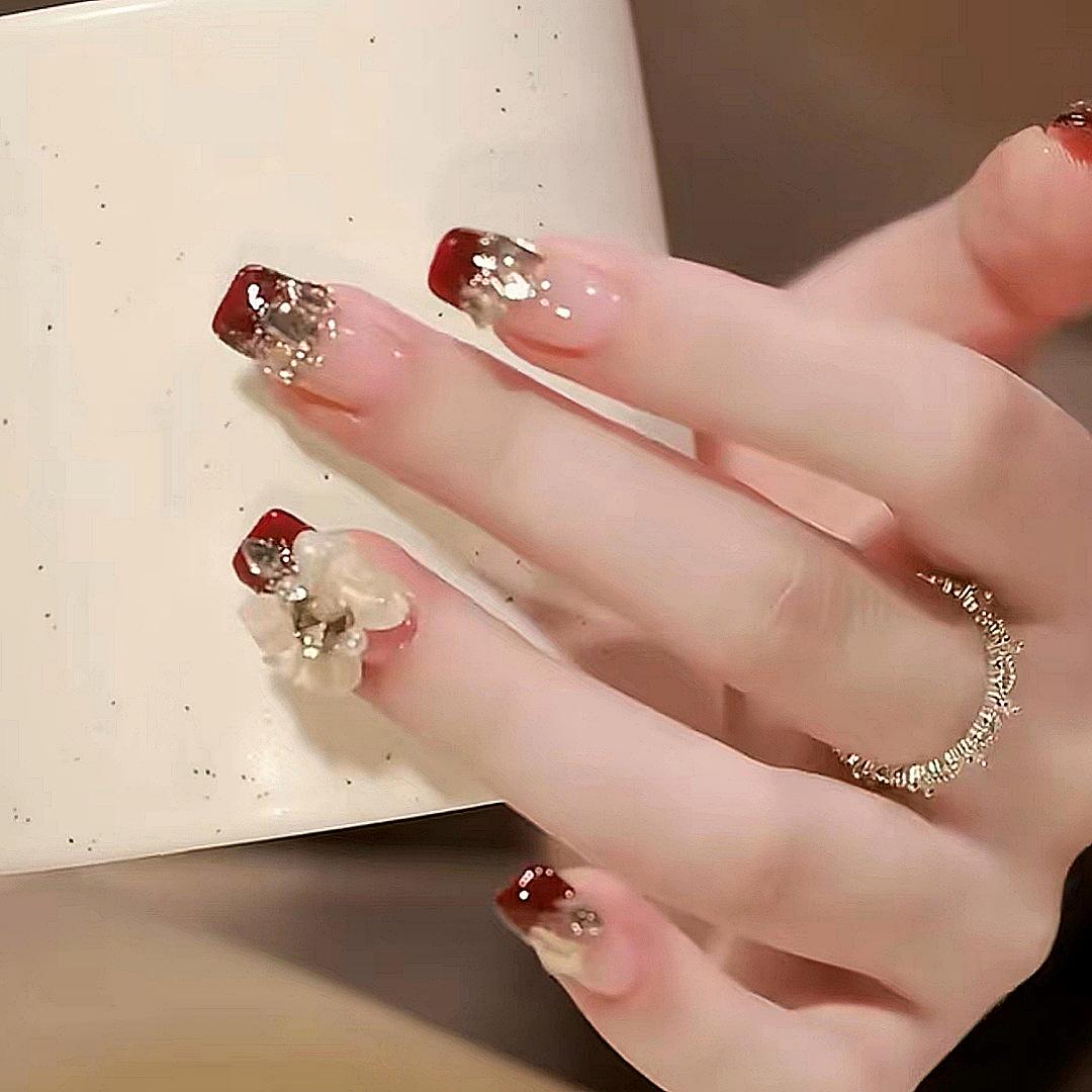 

French Big Bow Diamond Press-On Nails: Medium Long Length Bridal Art Stickers