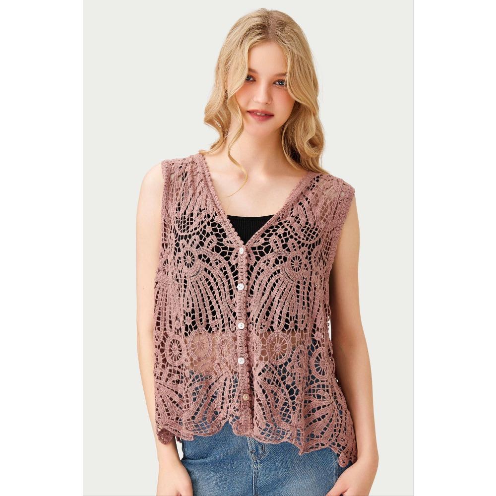 DIMANAF 2026 New T-Shirt Knitting Lace Vest Women Buttons O-Neck Hollow Summer Style Basic Tops Tees Loose Clothing