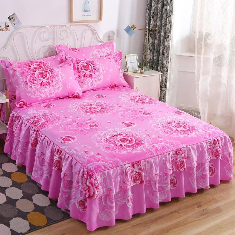Double Layer Ruffled Bedroom Solid/Flower Pattern Cotton Bed Skirt Coverlets Elastic Tight Dust Cover Bedding