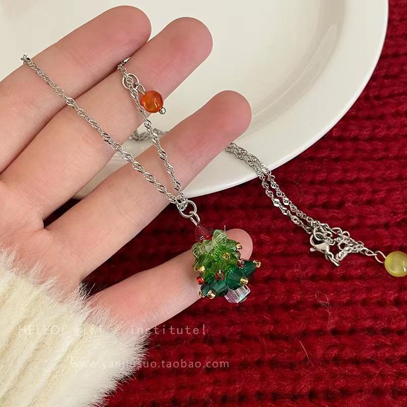 3D Christmas Tree Earrings with Red Bow - Heavy Beaded Crystal Ear Clips, Hand-Woven Holiday Accessories