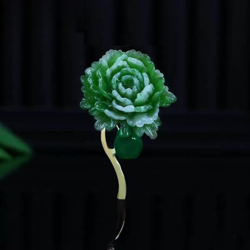 Grüne Pfingstrosen Brosche - Hochwertig, Exklusiv, Kleines Bekleidungsaccessoire Brosche, Retro Stil, Blendfreier Befestigungsstift