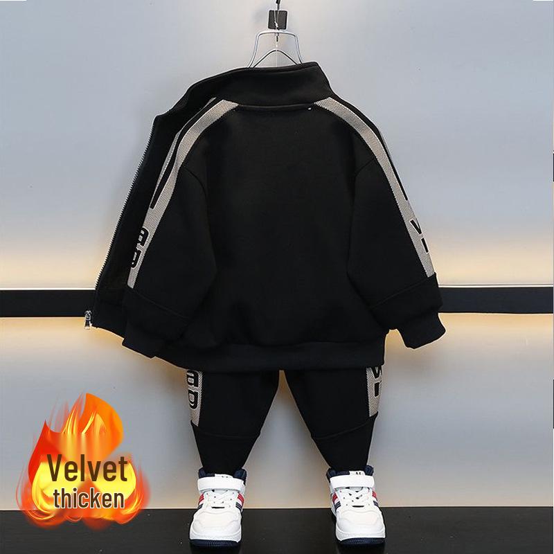 Boys' Plush Cardigan & Sweatpants Set: Stylish Autumn/Winter Sportswear