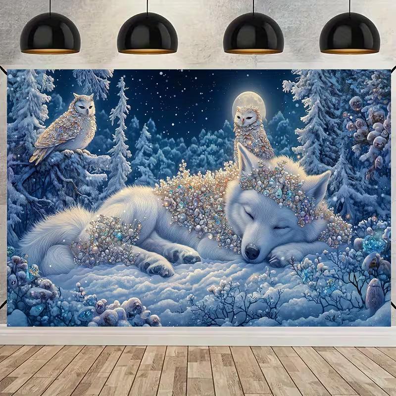2D Winter Moon Wolf Backdrop Crystal Owl Snowy Forest Photography Background