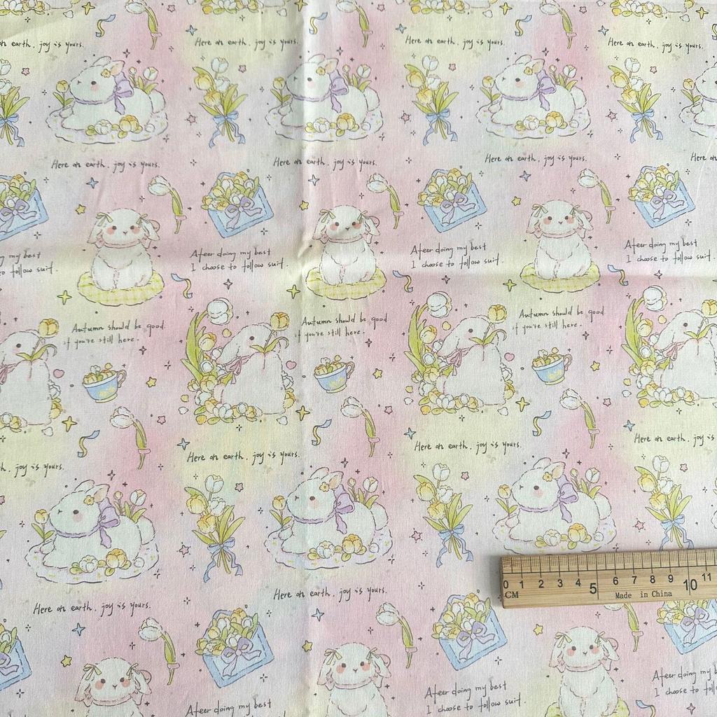 100% Cotton Digital Print Korean Cherry Bear Floral Fabric for Women's, Children's, Family Outfits & DIY Homewear