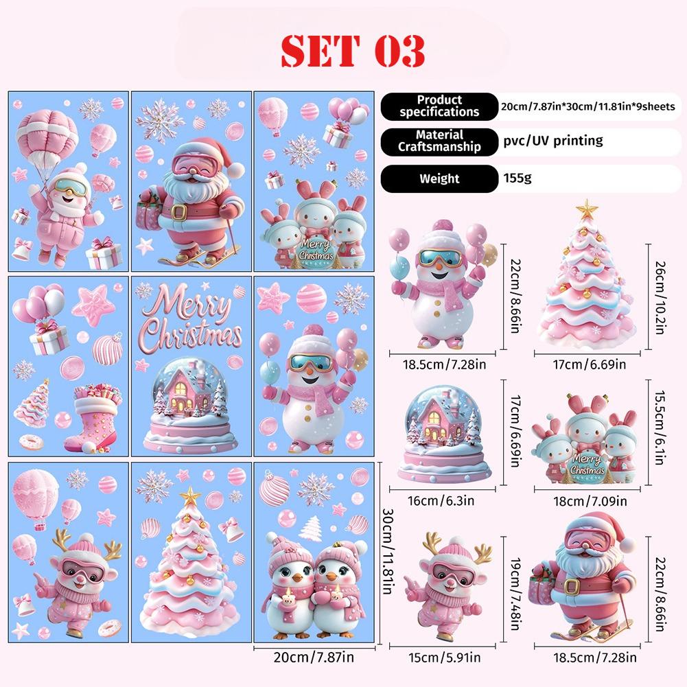 9pcs/set Christmas Static Cling Stickers Window Decals Santa Claus Scene Festive Window Decals Christmas Home Party Decor