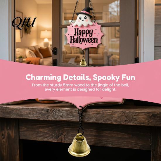 Whimsical Room Decor for Girls Halloween Cute Witch Hat Ghost Door Sign, Wooden Hanging Decoration, Vintage Style Seasonal Sign Doorbell